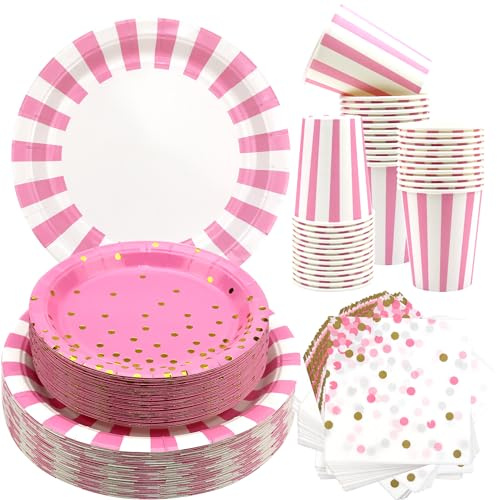 Obussgar Rosa Gestreiftes Geschirr Partyzubehör umfasst Teller, Servietten, Pappbecher für Geburtstagsfeiern, Abschlussfeiern, Hochzeiten, Babyparty (Rosa 40)