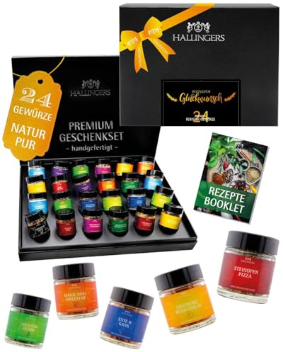 Hallingers Genuss Manufaktur Gewürz Glückwunsch-Geschenk-Set - 24 Gewürze aus aller Welt in wertiger Geschenkbox mit Rezept-Booklet Herzlichen Glüc..., Geschenkidee für Frauen Männer