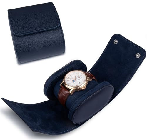 RoYiio 1 Slots Zylindrische Uhrenbox, Uhrenrolle Reisetasche Vintage Uhrengehäuse für Männer Frauen - Blau Upgrade-Version