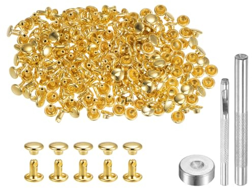 QUARKZMAN 200 Stück 6 x 6mm Leder Nieten, Runde Doppelkappe Tubular Metall Hohlnieten mit Werkzeugen, Zubehör Rücknieten für Lochzange Gürtel Dekoration Kleidung DIY Handwerk (Gold)