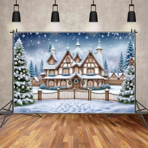 Hintergrund Weihnachten Dorf Zuhause Zaun Schnee Kiefer Baum Kranz Hintergrund Flauschige Schneeflocke Dekorationen Fotografie Requisiten