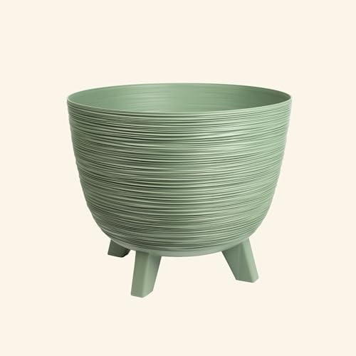 Planters Pride Futura 24cm Recycled Plastic Plant Pot, Earth Green | 5L Self-Watering Pot for House Plants, Herbs | Raised Indoor & Outdoor Planter with Legs | Ribbed Decorative Flower Pot