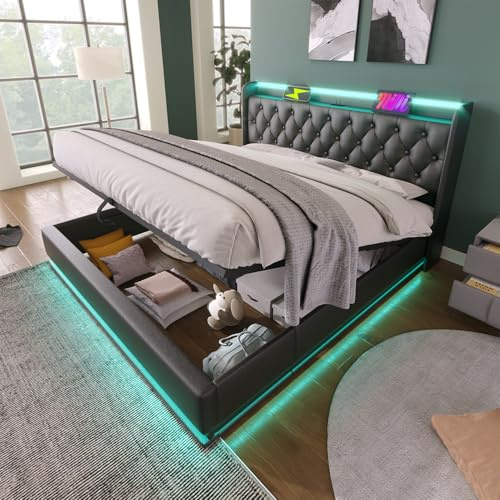 Full Size Lift up Storage Platform Bed with 360 Degree Surround LED Light, Bedroom Upholstered Hydraulic Smart Bed Frame, No Noise, No Spring Mattress Required, Easy to Assemble (Black, Full)
