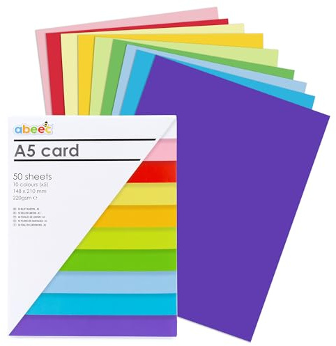abeec A5 Card - 50 Sheets in 10 Assorted Colours Including White | 220gsm | Ideal for Crafting, Scrapbooking, and DIY