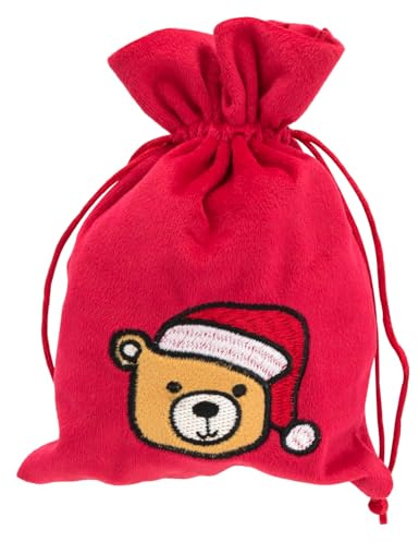 Idena 30531 - Stoffbeutel ca. 13 x 18 cm, Säckchen in Rot mit Teddy-Motiv, Weihnachtssack mit roter Kordel