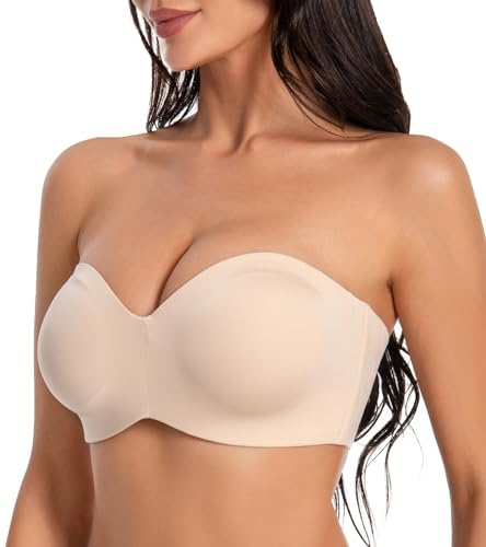 Oscrenia Seamless Bandeau Strapless Bra Underwire Non-Padded Full Coverage Bras for Women(Beige,38D)