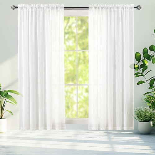 Demetex Striped White Net Curtains 2 Panels for Windows With Rod Pocket - Sheer Voile for Bedroom Living Room Dining Room, 137 x 213 cm