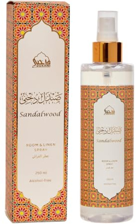 Sandalwood Room & Linen Spray by Dukhni | 250ml Sandalwood fragrance Air Freshener, Attar al Faraash for home & prayer mats | Bed linen, Sofa Mist, natural home scent, curtain spray, odour eliminator