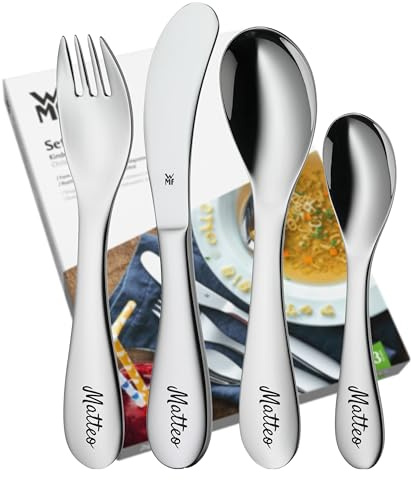 WMF Knuddel Kinderbesteck mit persönlicher Gravur – 4-teiliges Edelstahl-Set 18/10 – personalisiertes Geschenk für Kinder – Besteck mit Geschenkverpackung