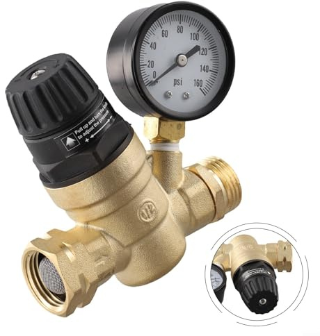 Water Pressure Regulator Valve Pressure Reducing Valve 3/4” Npt Adjustable Brass Water Pressure Reducing Valve Adjustable Water Control Thread With Gauge Meter For RV Camper Travel Trailer