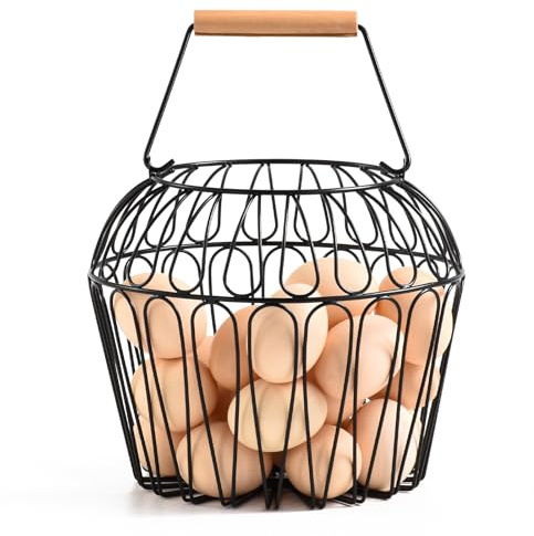 Farmhouse Egg Baskets for Gathering Fresh Egg With Handle, Round Metal Chicken Basket Collecting Fresh Egg Holder for Countertop Kitchen