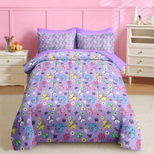 Nesker 5 Pcs Comforter Set Twin Size, Colorful Butterfly Bedding for Kids Teen, Cute Cartoon Flowers Bed Sheet with Pillowcase & Sham