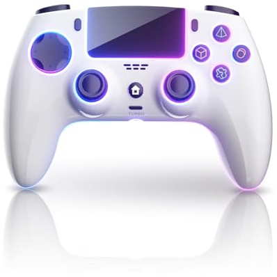 Manette sans fil compatible avec PS.5/Pro/Slim/PC, 7 modes LED RVB et retour haptique, batterie 1500 mAh et détection de mouvement, prise audio 3,5 mm (blanc et noir)