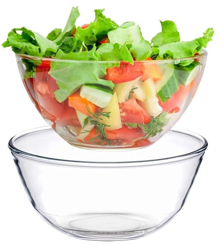 BAIFULAI Juego de 2 cuencos de cristal, 500 ml y 1100 ml, redondos, ensaladera apilable para cocina, hornear, preparar servir, cuenco de cristal, grande para aperitivos