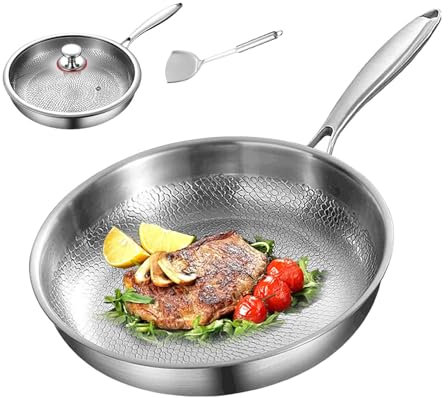 YCYATS Padella in titanio martellata Pro con coperchio, set multifunzionale di pentole e padelle in titanio antiaderenti per cucinare (28 cm)