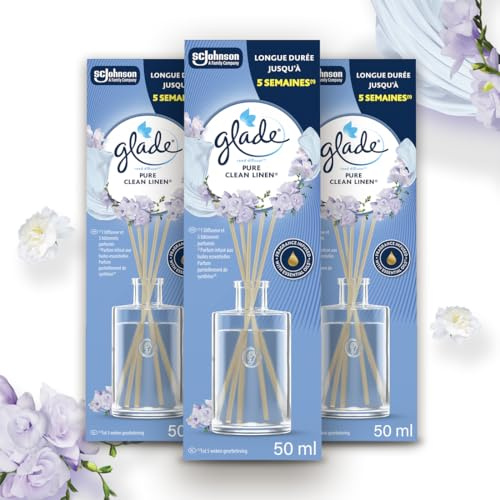 Glade Diffusore a Bastoncini, Profumatore per Ambienti con Oli Essenziali, Fragranza Clean Linen, confezione da 3 diffusori da 50ml