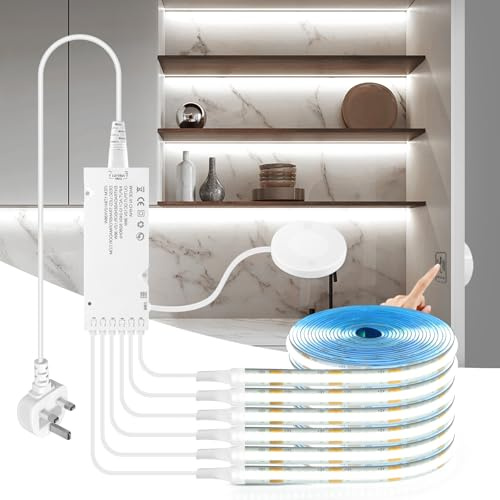 CHNMALITAI 12V COB LED Strip, 6 Pcs 2M/6.6ft White COB LED Strip Light with Touch and Hand Sweep Dimmer Switch for Cabinet Showcase Kitchen Lighting