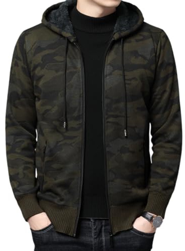 Shuanghao Herrtröja för höst- och vinter, stickade kläder, jacka, huvtröja, kappa, cardigan, fleecefoder, mode, tjock, varm, bekväm, klassisk tröja, stickade kläder för män, 8866militär grön, S