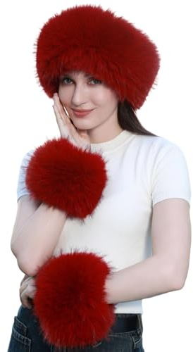 Wokuaile Fellmütze Damen Kunstfell Stirnband Warm Pelzmütze Russische Winter Ohrenwärmer Plüsch Ohrenschützer Rot