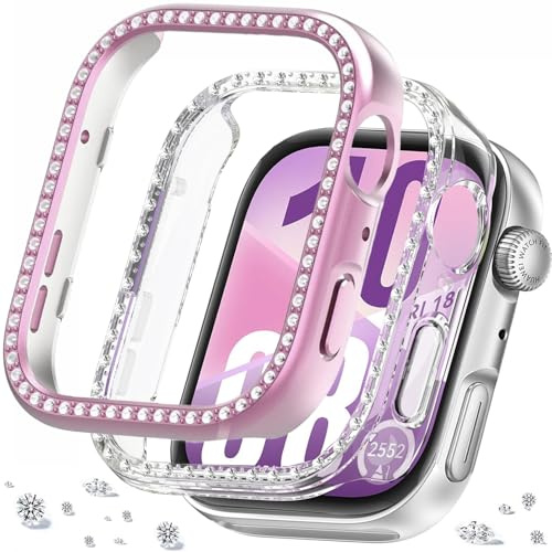 DEALELE [2-pack] klockfodral kompatibelt med Huawei Watch FIT 4, glitter strass diamant PC skyddande hölje hölje ersättning klockor skyddande tillbehör för män kvinnor (rosa + transparent)