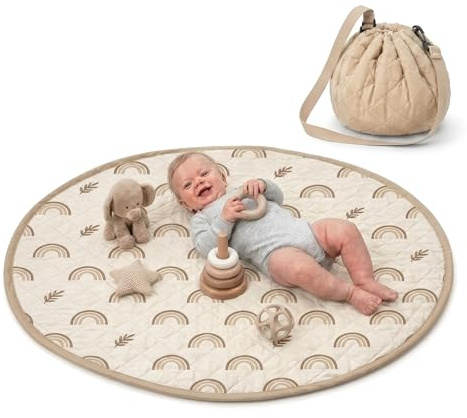ZURMATRADE Krabbeldecke rund 110cm – Extra Weich, Dick Gepolstert, Waschbar, Schadstofffrei, Spieldecke Baby für unterwegs, Zusammenziehbar, mit abnehmbaren Tragegriff, Spielmatte Baby Regenbogen