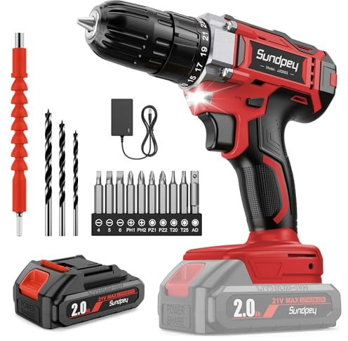 Sundpey Perceuse Visseuse Sans Fil 21V, Visseuse Devisseuse Sans Fil 45Nm Max avec Batteries 2000mAh, Compatible avec Batteries Makita, 2 Vitesses Visseuse Electrique, 25+1 Réglages de Couple, LED Red