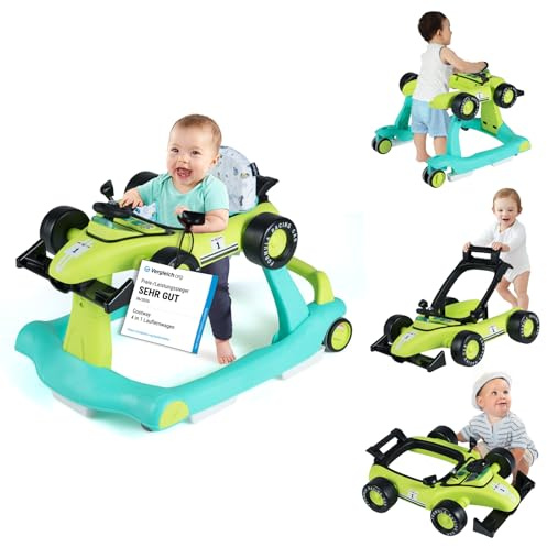 COSTWAY 4 i 1 gåstol, hopfällbar gåvagn med justerbar höjd och hastighet, baby walker, bilformad med musiklåda, ljus och hjul, promenadfri baby från 6 månader, 12 kg lastkapacitet (grön)