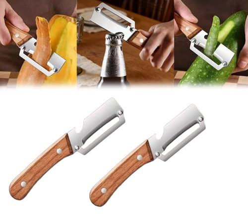 2pc Pelador De Madera Zero Snag - Pelador De Verduras Multifunción 2 En 1 Con Abridor De Botellas, Peladores De Frutas Y Verduras De Acero Inoxidable Para Cocina Para Manzana, Patata, Calabaza, Papaya