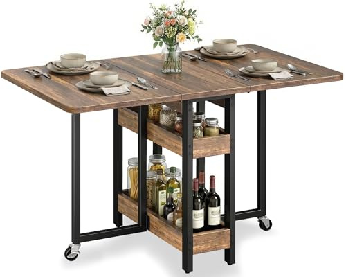 Clevich Tavolo da pranzo pieghevole mobile con 2 ripiani, per 4-6 persone, ideale per spazi ridotti, ingombro da chiuso: solo 0,218 m³, per cucina e casa, 133x80x75 cm, legno di tigre.