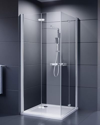 DUSCHMEISTER Glas-Duschkabine 90x90cm Chrom – mit Falttüren, 6mm ESG Sicherheitsglas mit Nano-Clean Beschichtung, Hebe-Senk-Mechanismus, Eckeinstieg Dusche für Ecke