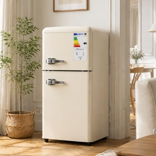 ECLIVON Frigorífico Combi, Capacidad 86 Litros, 89 cm de Alto y 41 cm de Ancho para Salón, Frigorífico mini con Congelador y Iluminación LED, Frigoríficos con Puerta, Cajón y Botellero (Blanco)