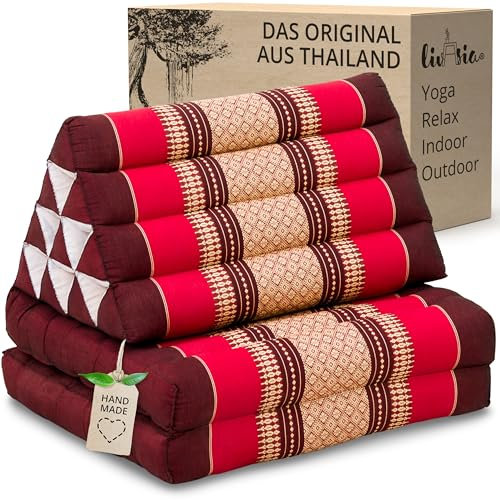 livasia Thaikissen mit 2 Auflagen - 120x50x8cm - Dreieckskissen mit Sitzkissen, Keilkissen mit Kapok, Rückenkissen faltbar, Thaimatte zum Klappen, handgefertigt, Meditationskissen (Rubinrot)