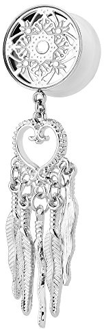 Piercingfaktor Flesh Tunnel Ohr Piercing Plug Ohrpiercing Ear Edelstahl Vintage mit Traumfänger Feder Herz Anhänger Silber