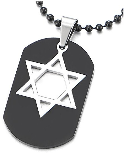 COOLSTEELANDBEYOND Noir Dogtag Incrusté avec de Argent étoile de David Pendentif Collier Homme Acier