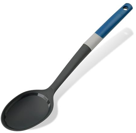 Tasty Cuchara para servir con medidas, cuchara de cocina antiadherente, cuchara con mango suave, cuchara agitadora, utensilio de cocina antiarañazos, dimensiones: 34 x 7 cm, colores: azul oscuro,