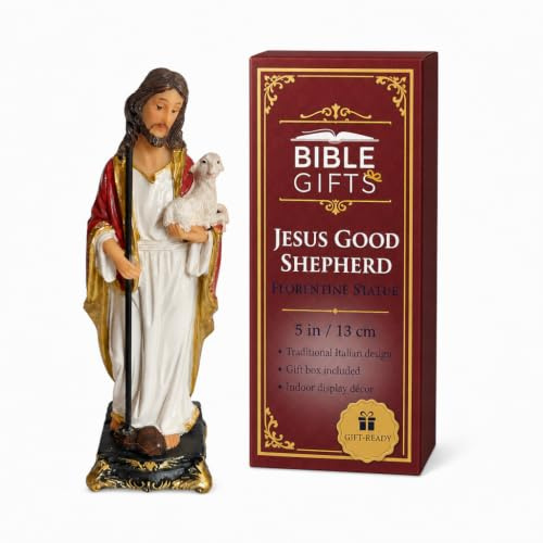 Biblegifts Florentinische Statue Jesus, Guter Schäferhund, traditionelles italienisches Design, Kunstharz, Christus, trägt Baby Lamm, Gold-Kollektion, verpackt von