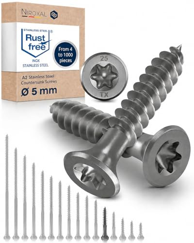 Tornillos para madera de acero inoxidable A2 con cabeza avellanada Torx TX25 – Rosca parcial – 5 x 35 mm – 100 unidades – Tornillos universales para madera