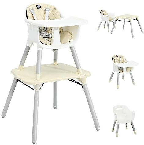 BABY JOY High Chair, 5 in 1 Convertible Highchair for Babies & Toddlers | Booster Seat | Table and Chair Set | Infant Feeding Chair with Removable Tray, Safety Harness, Removable Cushion (Beige)
