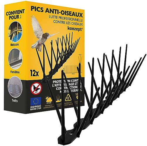 Pics Anti-Oiseaux pour Balcon, Jardin & clôture, 33 cm Noir, 12 pièces. Défense Contre Les Pigeons en Plastique, 3 rangées. Protection Contre Les Pigeons, Chats, moineaux