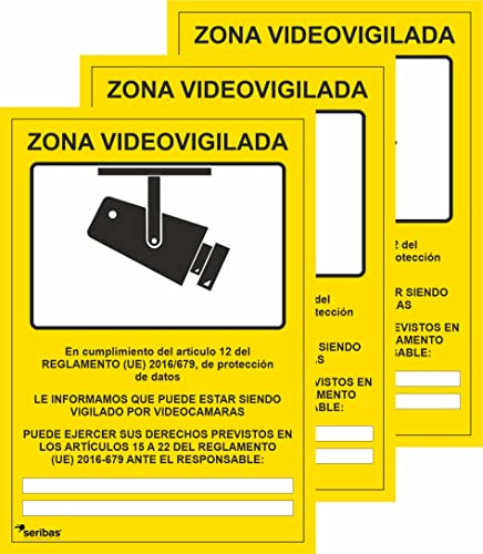 Seribas Sicherheitsschild Hinweisschild Videoüberwachungszone - 3 Stück - PVC-Glaspack-Schild 0,7 mm A4 21 x 30 cm Gelb Tinte robustes Material innen und außen
