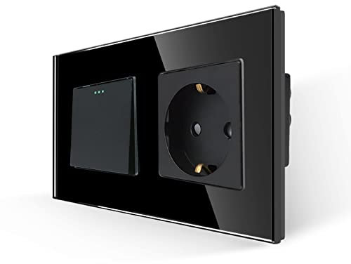 JIMEIDA Interruttore della luce con presa Schuko nero, da incasso, 1 scomparto a 1 via, con piastra in vetro, moderno interruttore a bilanciere in cristallo, con punti fluorescenti, 10 Amp, 250 V