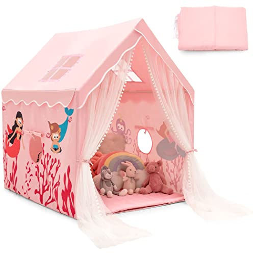 COSTWAY Kids Play Tent, Large Children Playhouse with Washable Mat and Windows, Indoor Outdoor Castle Fairy Tents for Boys & Girls (Pink)