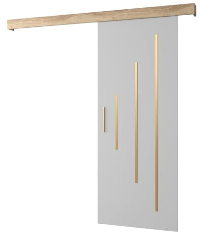 ABIKSMEBLE Système de Portes coulissantes Salwador Y, Set Complet pour Portes coulissantes, Portes intérieures, Design Moderne (Blanc Mat/Grille: Chêne Sonoma, Poignées et Sangles: Or)