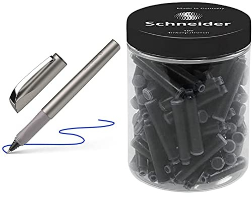 Schneider 186221 Ceod Shiny Tintenroller, Graphite & 6801 Tintenpatronen (Standard Patronen für Füller, nicht löschbar) schwarz, 100 Stück, 100 Stück (1er Pack)