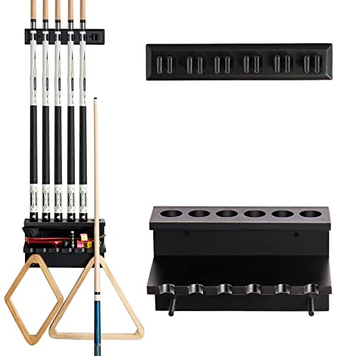 EXTCCT Wall Mount Pool Stick Holder - Billiards Pool Cue Rack Hardwood Pool Cue Set Holder for 6 Cues Sticks Storage Pool Table Accessories Equipment Organizer