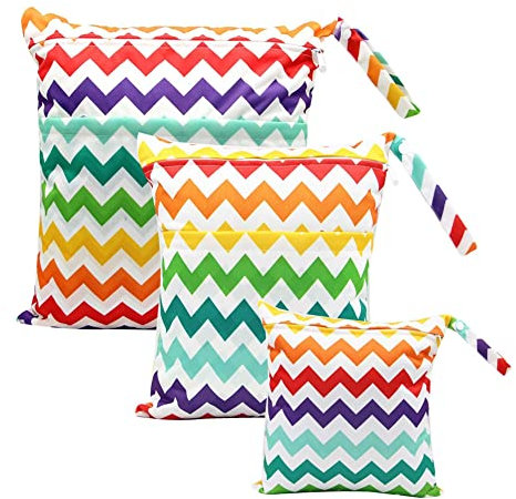 SHTGOI 3 Stück Wet Dry Cloth Windeltaschen Windeltasche Wasserdicht Wickeltasche Wiederverwendbar Wetbag Stoffwindeln mit Doppeltem Reißverschluss und Druckknopfgriff Nasstaschen Organiser 4#