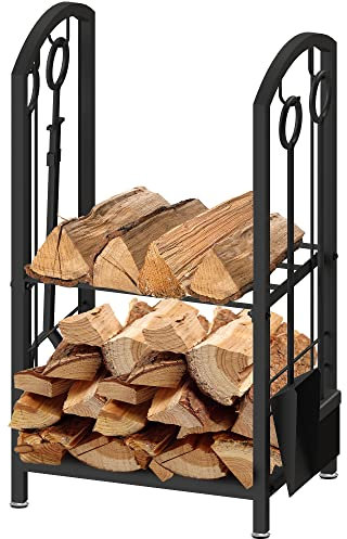 AMOS Firewood Stand Log Rack Holder with 4 Piece Fireplace Tools Set Black with Removable Kindling Holder.For Indoor and Outdoor use,Black