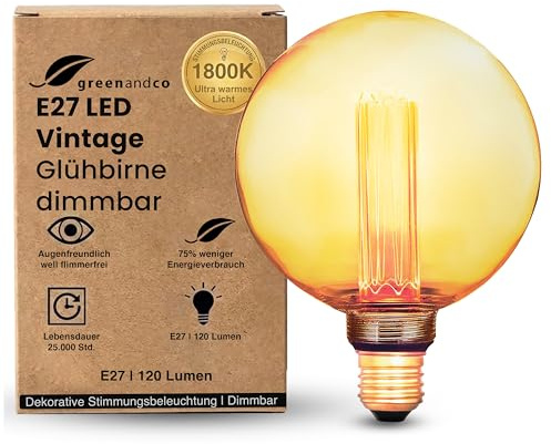 greenandco dimmbare Vintage Design LED Birne zur Stimmungsbeleuchtung | E27 G125 | gold | 3,5W 120lm | 1800K extra warmweiß | 320° | 230V | flimmerfrei | Edison Glühbirne