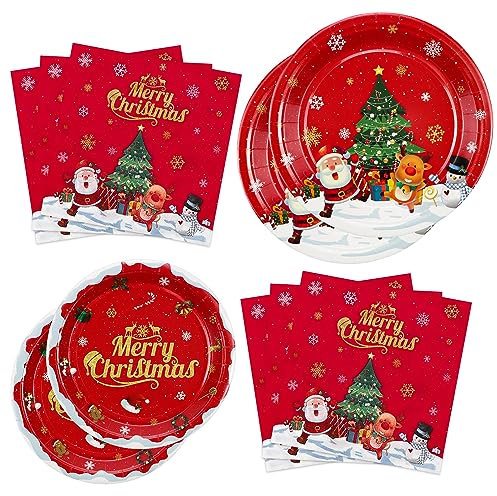 Décorations pour Fêtes de Noël - Assiettes en Papier, Serviettes Bonhomme de Neige, Vaisselle pour 20 Personnes