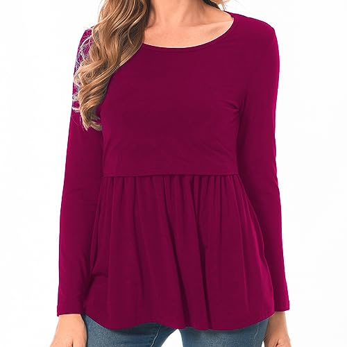 Bearsland Women's Nursing Tops Long Sleeve Scoop Neck Breastfeeding Shirt Maternity Clothes, Purplish Red, L
